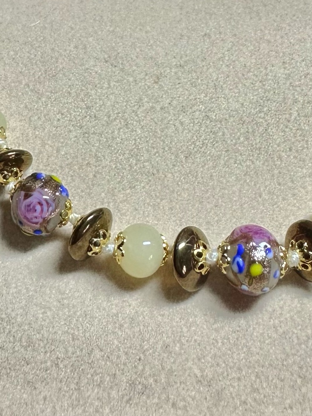 IBB Venetian Glass Floral Bead Bracelet in Gold-tone- 8-9” (with extender incl.)